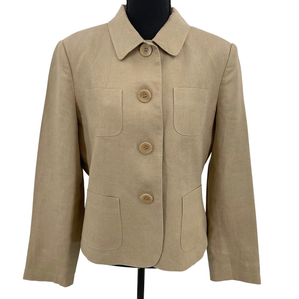 Talbots‎ Petites 100% Irish Linen Blazer Jacket Tan Khaki Utility Size 12P